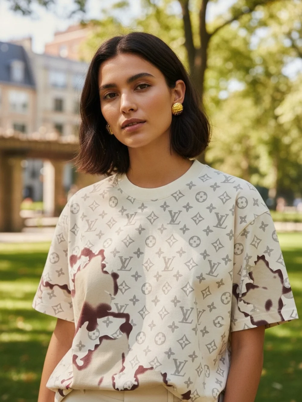 Louis Vuitton Cream and Brown Monogram Tie-Dye Short Sleeve Shirt - Picture 2 of 2